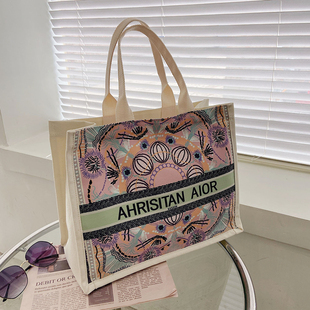 印花帆布包单肩托特包上课大容量手提购物袋网红复古2020新款 女包