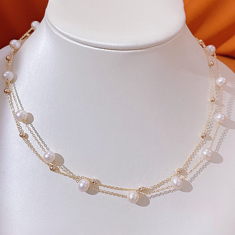 手工满天星珍珠项链双层叠戴ins14k注金轻奢天然淡水珍珠锁骨链