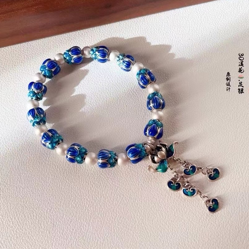 莲花纯银手链非遗珐琅彩磨砂圆珠流苏如意银手串弹力绳女串珠手链,饰品/流行首饰/时尚饰品新,银饰手链,淘宝优惠券,粉丝福利购,淘宝优惠卷
