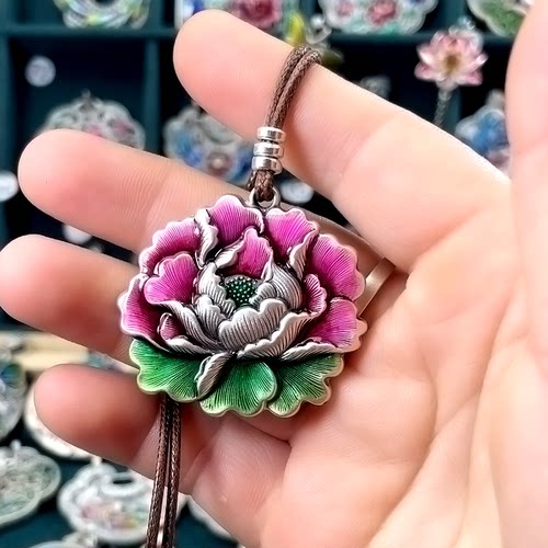 999银烧蓝牡丹花锁骨链