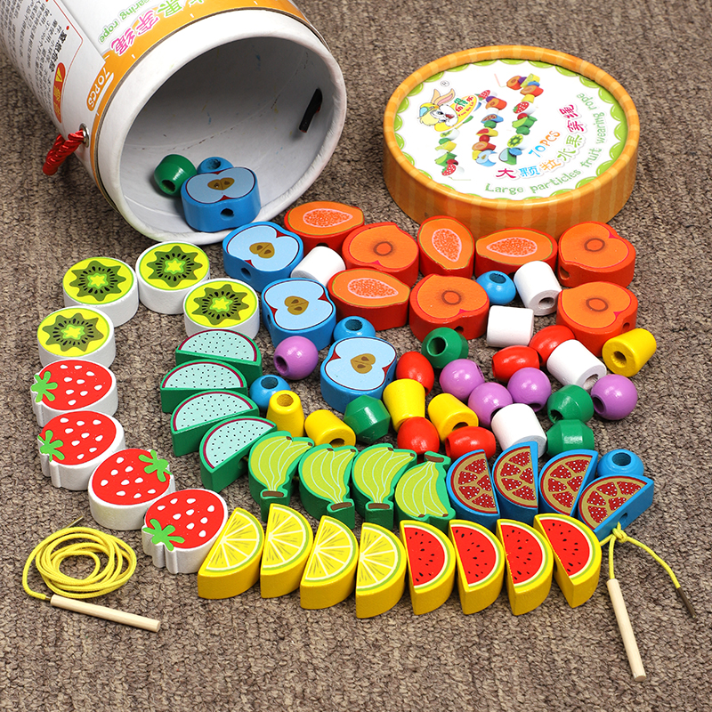木制大颗粒蛋糕水果花园积木穿线串珠 儿童早教认知学习启蒙玩具