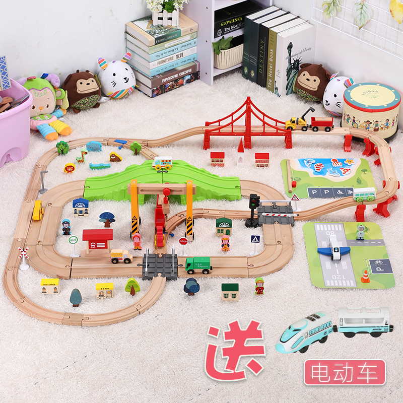 勒酷木质火车轨道宽公路汽车二合一玩具兼容木制火车米兔BRIO积木