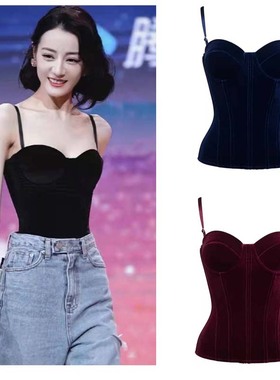 泰国潮牌小众丝绒裹胸修身显瘦鱼骨上衣迪丽热巴倪妮同款黑色吊带