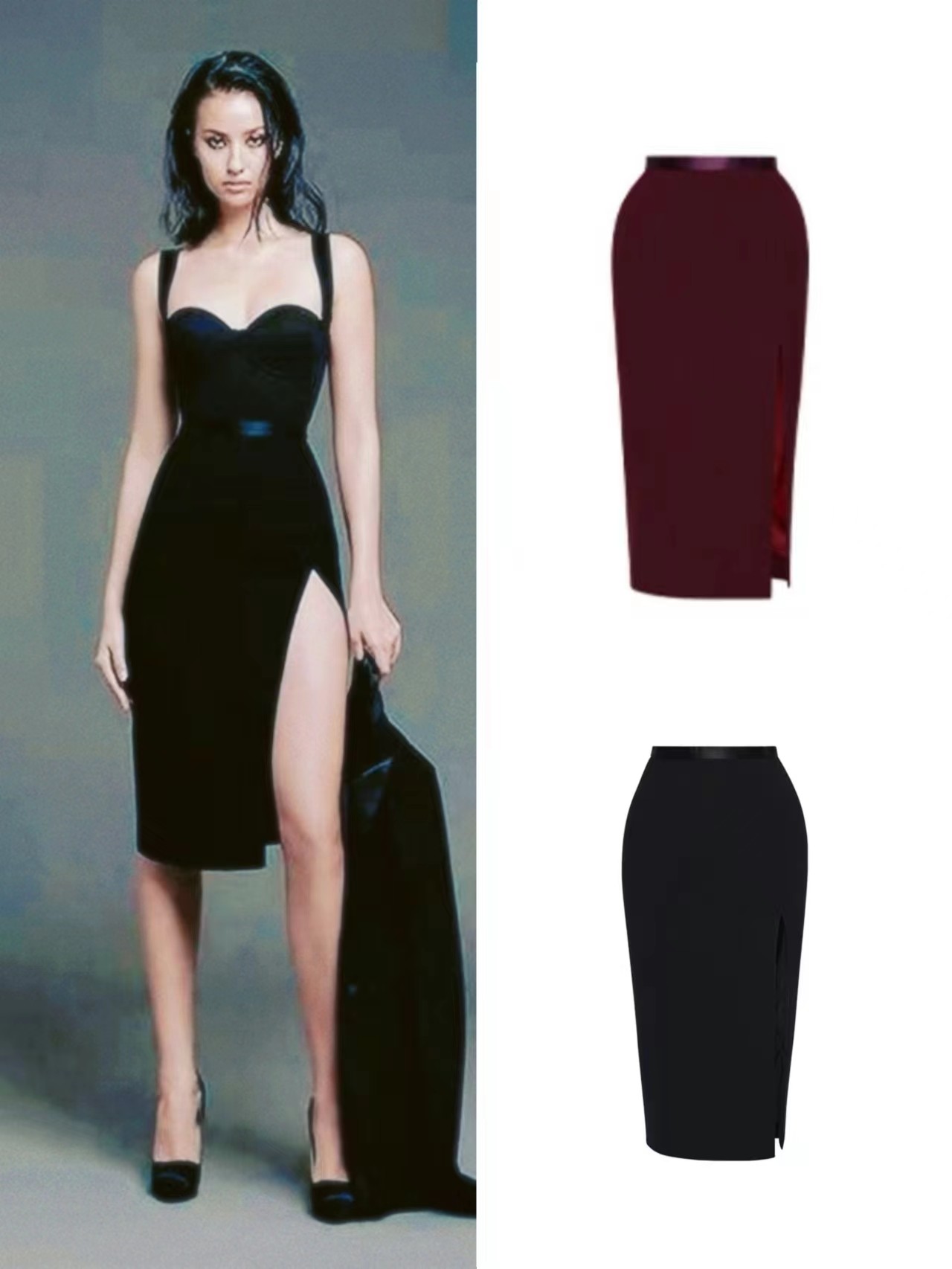 泰国潮牌小众设计黑色红色修身显瘦包臀裙开叉一步裙,女装/女士精品,半身裙,淘宝优惠券,粉丝福利购,淘宝优惠卷