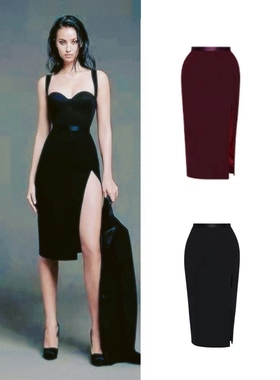 泰国潮牌小众设计黑色红色修身显瘦包臀裙开叉一步裙