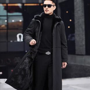 新款派克服男貂皮毛一体大码中年加厚仿皮草长款棉衣军大衣冬