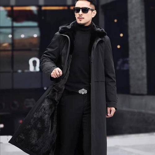 新款派克服男貂皮毛一体大码中年加厚仿皮草长款棉衣军大衣冬