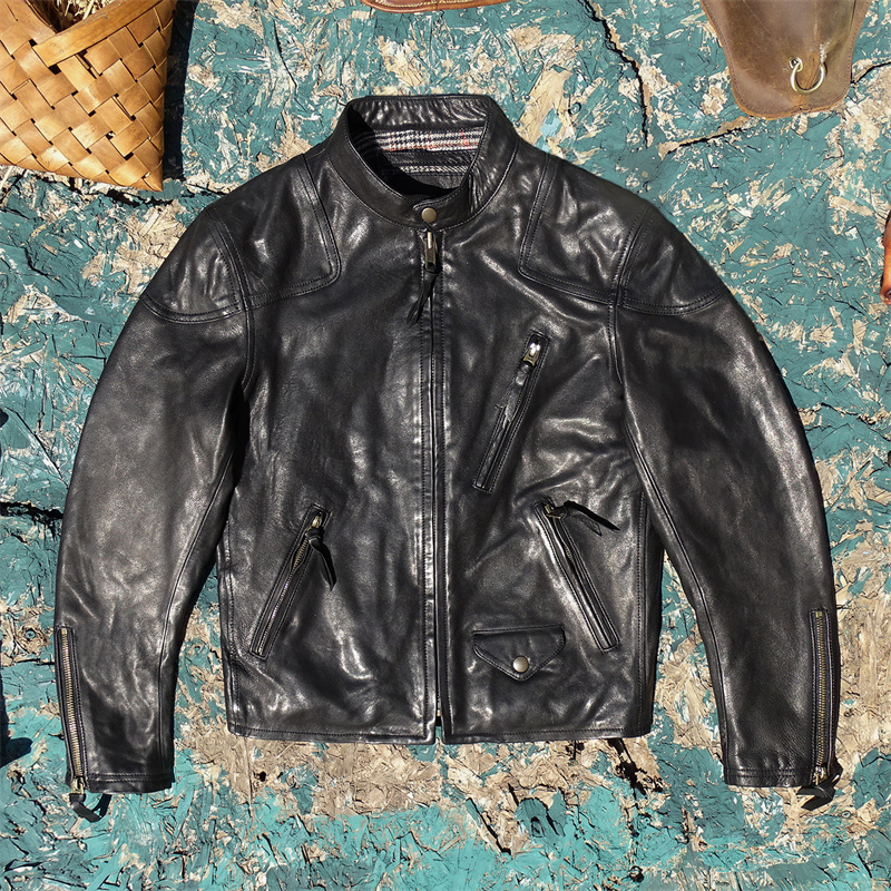 全植鞣重水洗做旧做皱羊皮真皮皮衣男毕业版毒液款机车服皮夹克