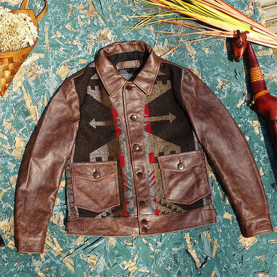 植鞣牛皮翻领皮衣纳瓦霍图腾翻领