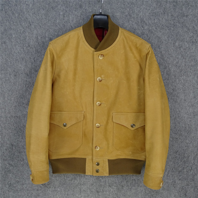 A1款棒球服容易做旧的蜡染变色牛皮原色烟草色真皮皮衣男客供皮料