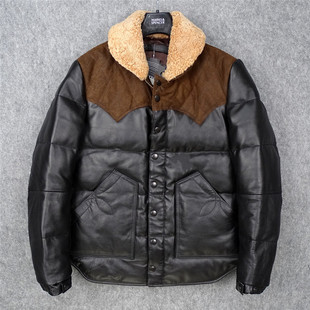 599元 真皮羽绒服男牛皮拼接磨砂牛皮带羊毛领白鸭绒真皮皮衣男