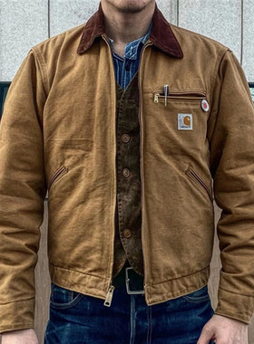 工装之神！底特律咔哈特J97款绒面烟草色绵羊皮真皮皮衣男工装