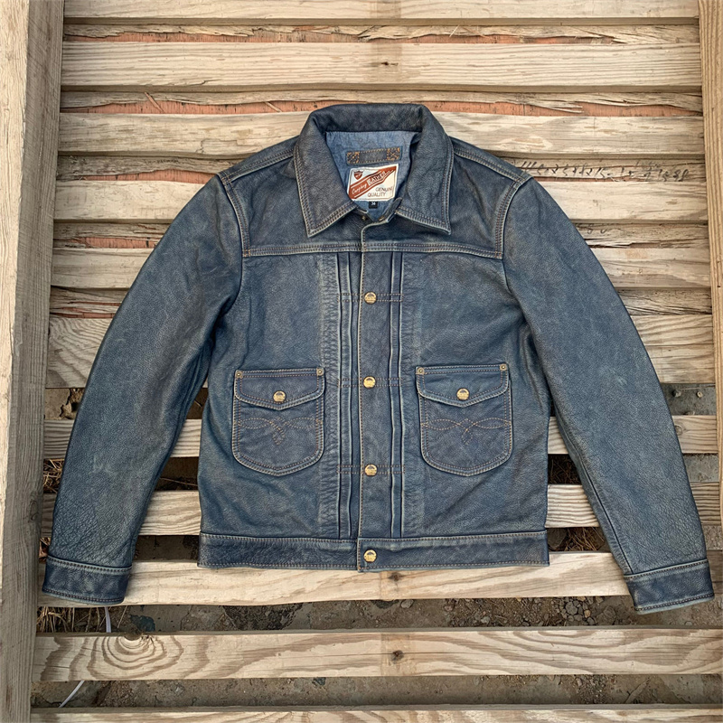 蓝色茶芯做旧牛皮刺绣牛仔款