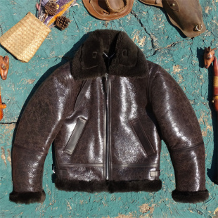 仅24件 1.8cm加厚黑棕色重龟裂做旧头层羊皮毛一体真皮皮衣男B6