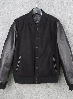 日单羊毛尼+牛皮袖子棒球服短款皮夹克头层牛皮真皮皮衣男女通穿