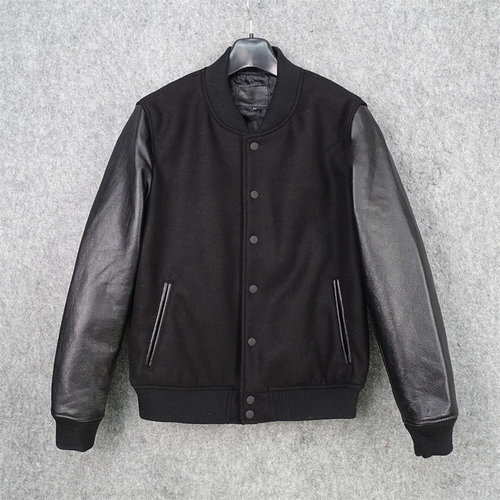 日单牛皮袖皮夹克棒球服