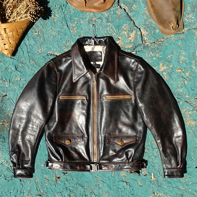 茶心擦色做旧马皮真皮皮衣男快插扣腰带哈特曼德国飞行夹克翻领