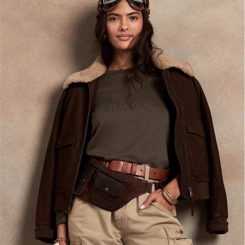 出口美国剩余！超轻薄小胎牛皮真皮皮衣女可脱卸羊毛领短款空飞女