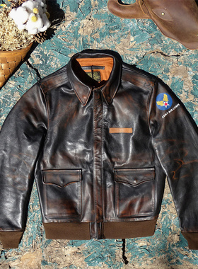 Eastman大逃亡A2版飞行服黄茶擦色做旧马皮真皮皮衣男短款皮夹克