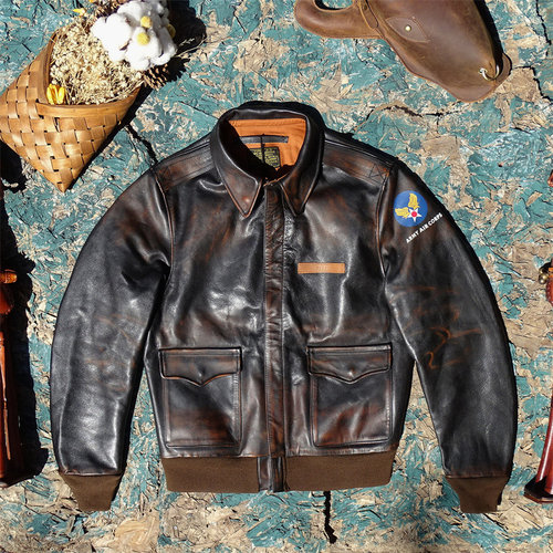 Eastman大逃亡A2版飞行服黄茶擦色做旧马皮真皮皮衣男短款皮夹克