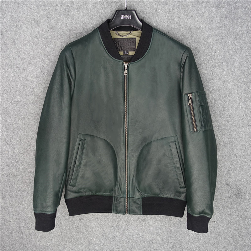 胎羊皮超薄军绿色内里设计棒球服