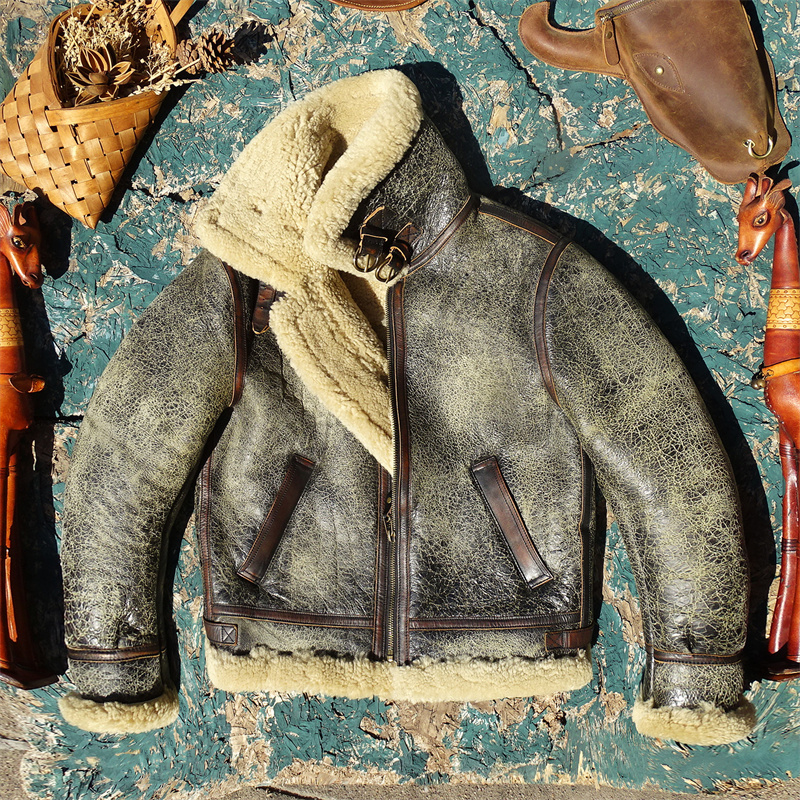 做旧棕绿色皮面+奶油毛!羊皮毛一体真皮皮衣男B6保暖御寒飞行服