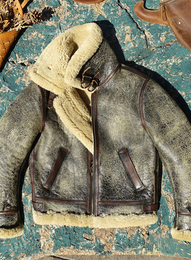 做旧棕绿色皮面+奶油毛！羊皮毛一体真皮皮衣男B6保暖御寒飞行服