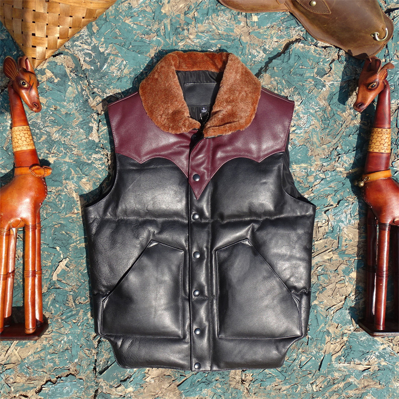 羊毛领+头层牛皮日版羽绒马甲