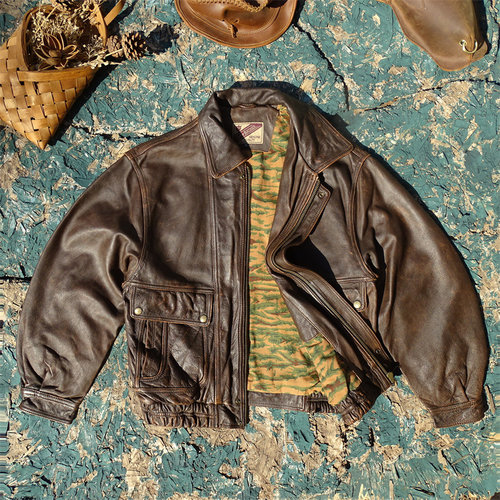 复古廓形重做旧茶心水洗做旧老牛皮真皮皮衣男宽松肥大舒适版