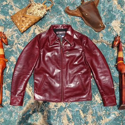 油蜡紫红色牛皮1930经典翻领