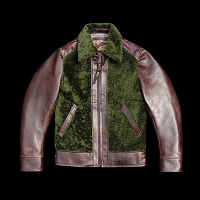 羊皮毛一体+牛皮保暖翻领