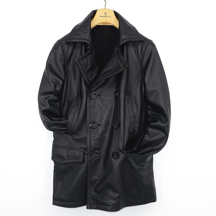 男士中长款复古双排扣真皮皮衣