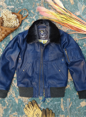 神秘靛蓝染无涂油蜡幼马皮真皮皮衣！B15空飞梦露拆卸毛领飞行服