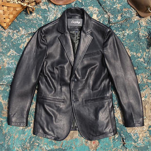 出口美国剩余 帅气 意大利进口头层绵羊皮皮衣男商务休闲西服西装