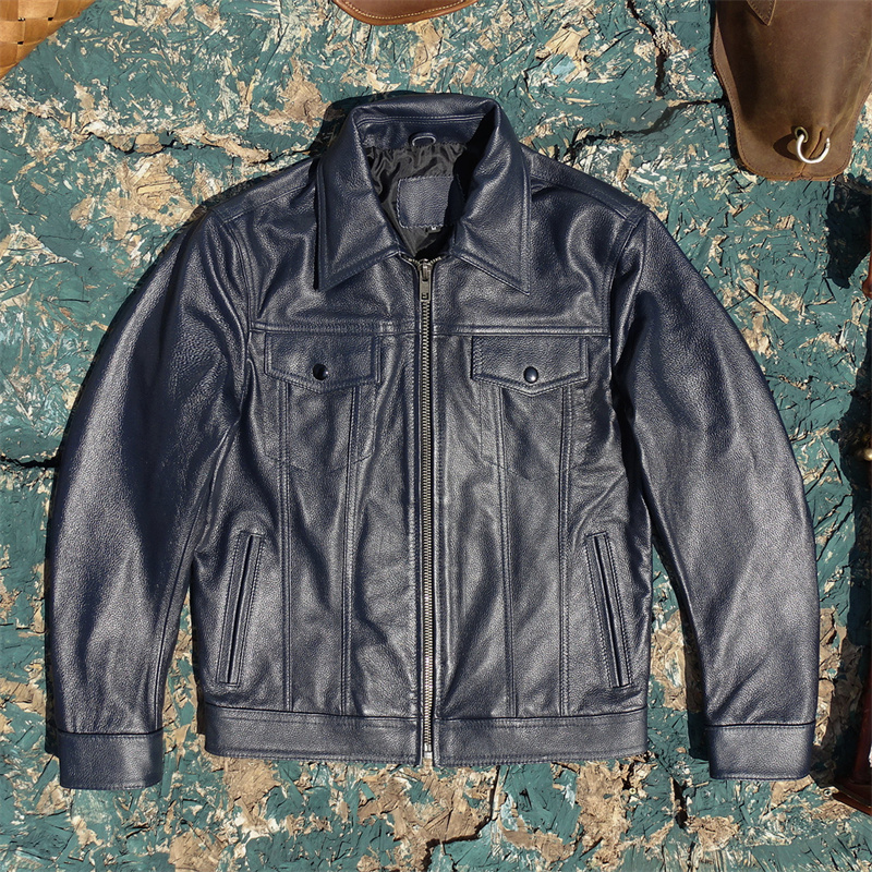 四口袋牛仔！头层黄牛皮真皮皮衣男翻领牛仔款修身显瘦真皮机车服