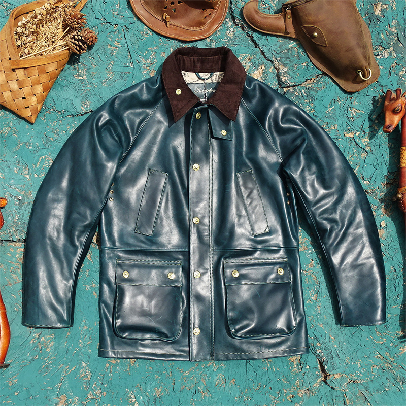 霸波尔英式复古多口袋中长款猎装进口油蜡绿牛皮真皮皮衣男女通穿