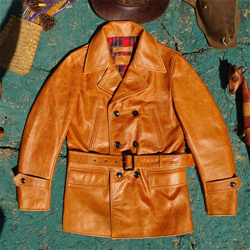 高启强款！栎木牛皮焦糖色全植鞣进口牛皮真皮皮衣双排扣腰带风衣