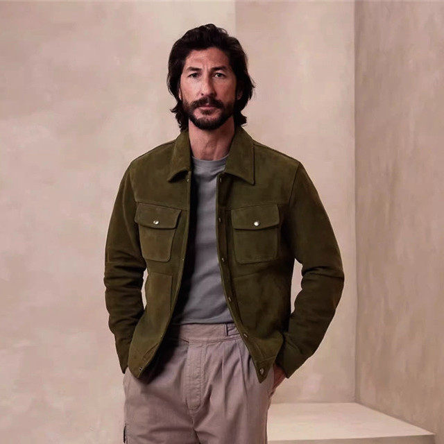 代工出口剩余！墨绿色绒面牛皮真皮皮衣男衬衣款皮外套夹克上衣