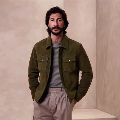 代工出口剩余！墨绿色绒面牛皮真皮皮衣男衬衣款皮外套夹克上衣