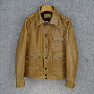 重磅新品 复古做旧头层牛皮真皮皮衣男蜡染变色浅棕男夹克 美式