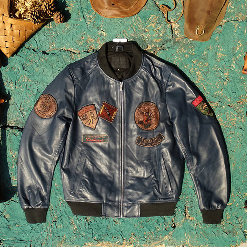 仅20件！断码甩卖头层进口蓝绵羊皮真皮皮衣男刺绣多标加棉棒球服