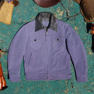 翻领皮夹克 紫色绒面牛皮真皮皮衣男门多萨月亮兜款 特价 甩卖