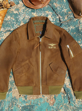 美产沁油磨砂老牛皮真皮皮衣男美式复古45P宽松版空军飞行皮夹克