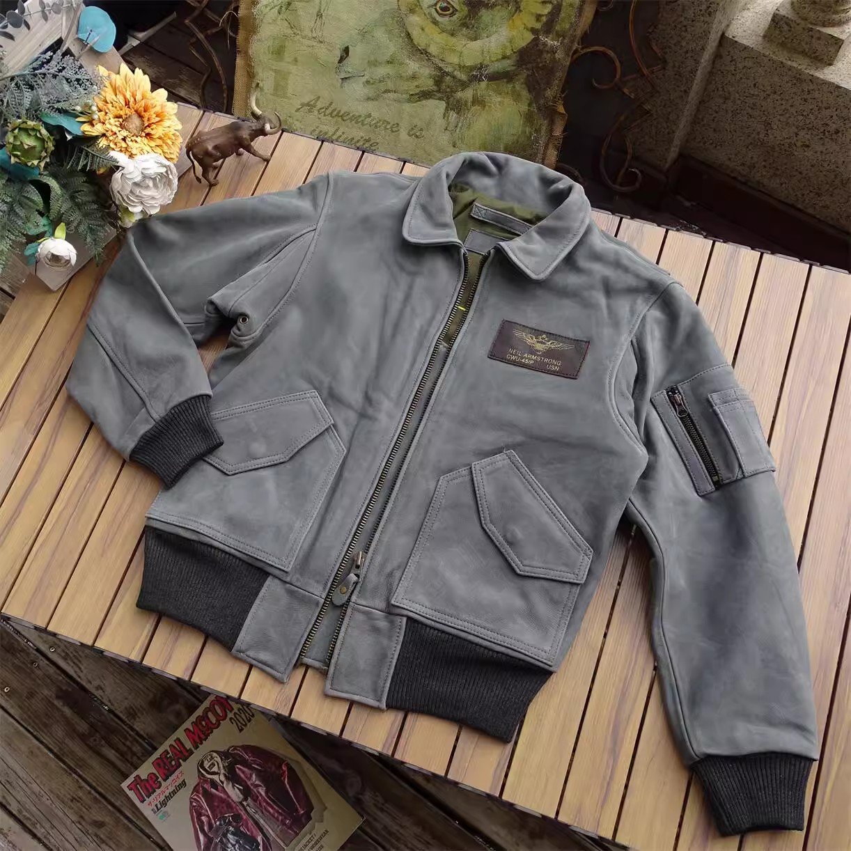 头层进口软糯磨砂黄牛皮真皮皮衣男CWU45P修身空兵飞行服皮夹克