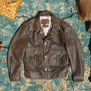 加州巡骑警皮夹克美式咔叽复古石磨做旧头层牛皮真皮皮衣男女工装