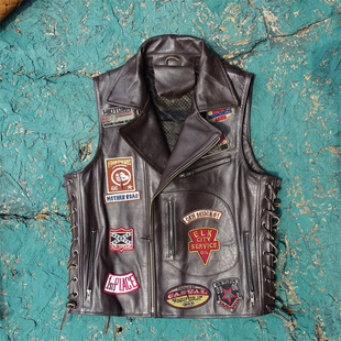 哈L家 刺绣多标绑带调节机车马甲头层进口牛皮真皮皮衣男女 经典