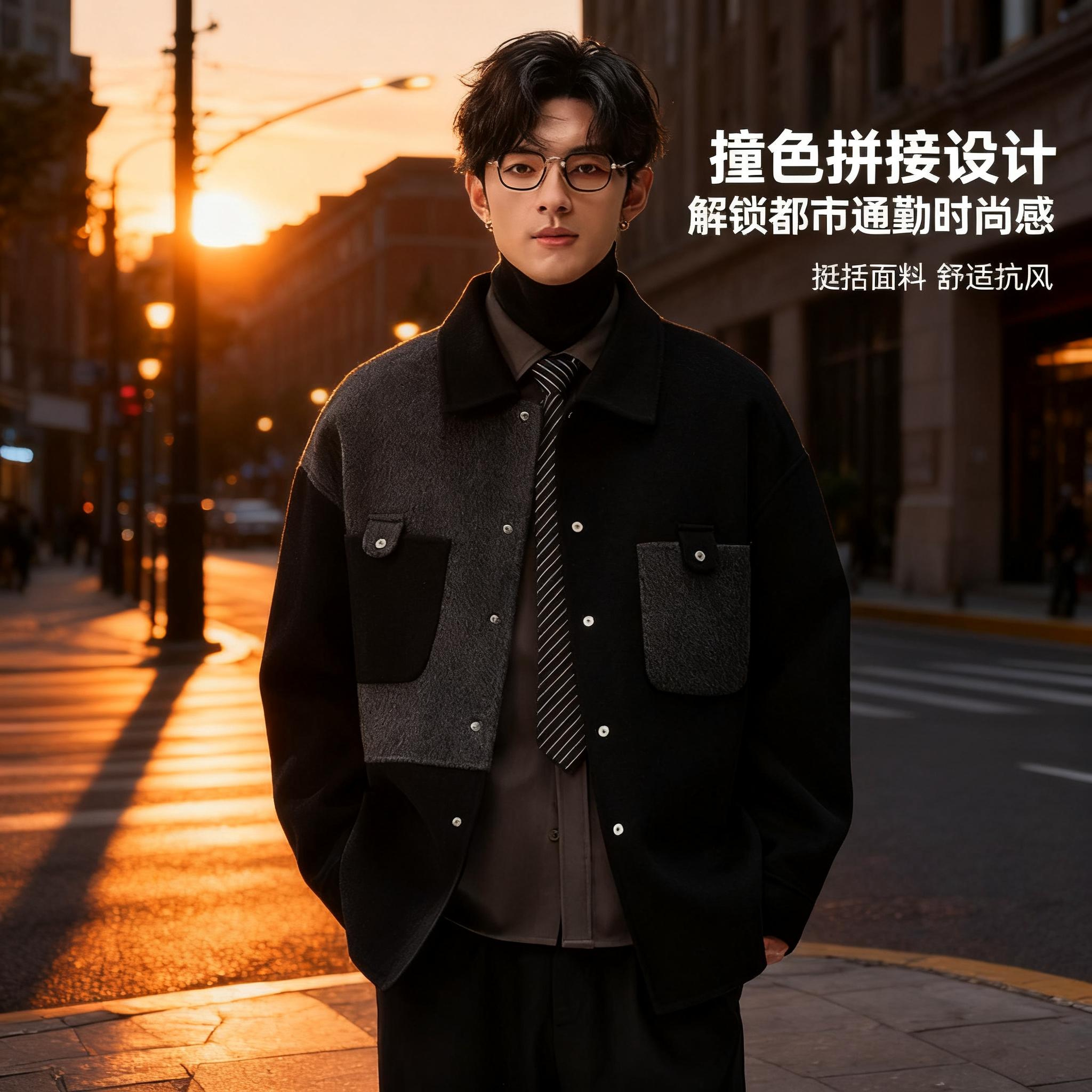 双面羊绒大衣男韩版撞色拼接翻领夹克