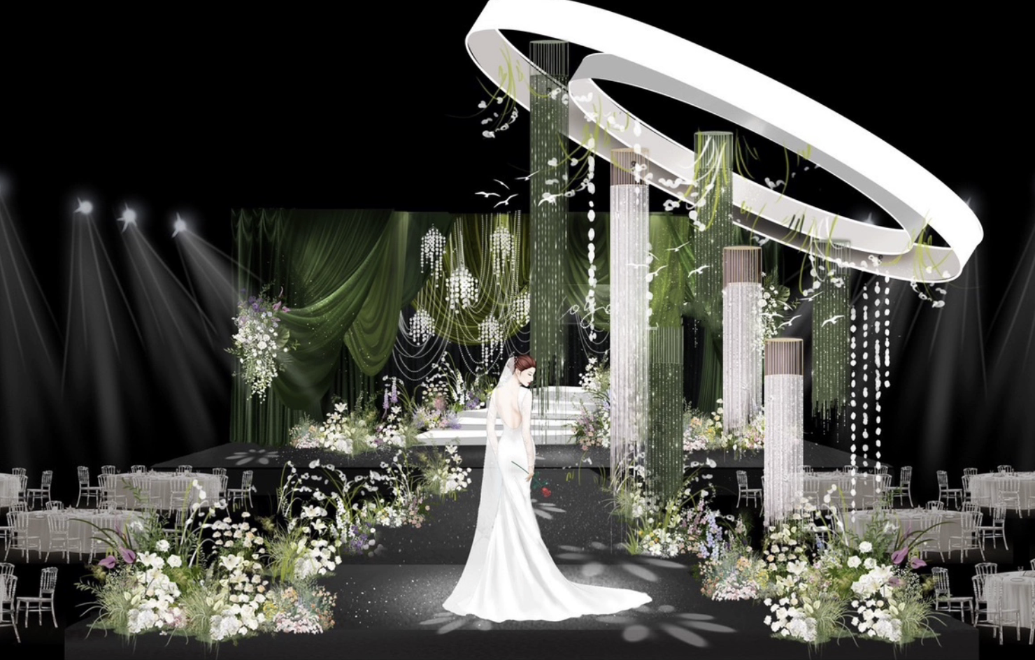 白绿色布缦婚礼主舞台圆形道具水晶浪漫婚礼效果图psd素材分层