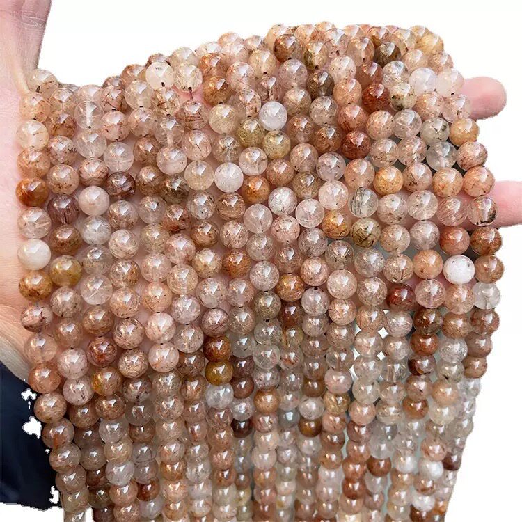 天然巴西原矿红发晶圆珠6~10mm光面散珠铜发晶diy手串项链饰品