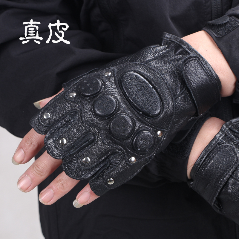 羊皮真皮摩托车机车半指手套男